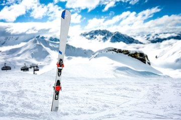 Winter ski in snow and cold winter day in Alps 