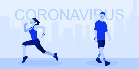 Fototapeta na wymiar Coronavirus updates: How the virus is affecting sports in the United States, around the world. People in masks, walking and playing sports. The concept of people's lives in an epidemic of the virus.