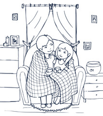 A cute couple of lovers sitting on the cozy sofa, covered with plaid, holding cups of hot drink. Looks at each other, hugs. Romantic vector cartoon black contour illustration.