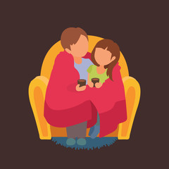 A cute couple of lovers sitting on the cozy sofa, covered with plaid, holding cups of hot drink. Looks at each other, hugs. Romantic vector cartoon illustration.