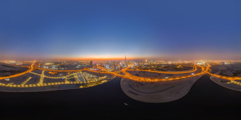 360 panorama by 180 degrees angle seamless panorama of aerial view of Dubai Downtown skyline and...