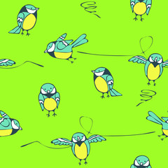 Seamless vector pattern with titmouse on green background. Cartoon funny birds wallpaper design for children. Ideal for fabric, fashion, textile.