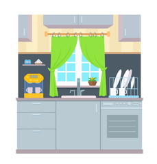 Kitchen with window over the sink. Front view of the house interior part. Wall cabinets, dishwasher, coffee machine, dish dryer, flowerpot. Vector cartoon flat style illustration.