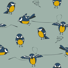 Fototapeta premium Seamless vector pattern with cartoon titmouse on grey background. Hand drown wallpaper design with funny birds. Ideal for children fabric, fashion, textile.