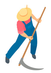 A man in coveralls and a straw hat mow the grass with a hand scythe. Vector cartoon illustration.