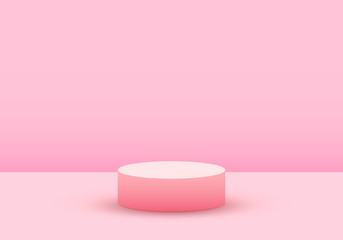 3D vector illustration in pastel colors. Minimalist background with red podium. Light pink wall and floor.
