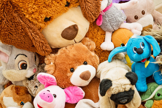 Many Soft plush fluffy toys sits in the children's room