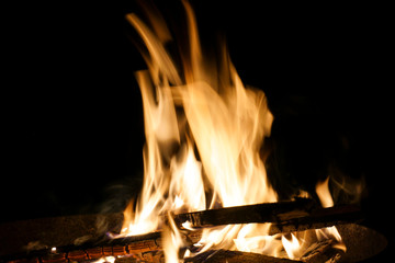 fire in the fireplace at night