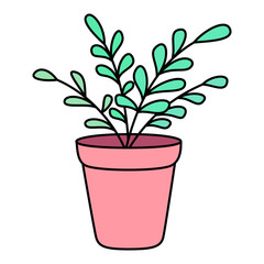 Cute doodle plant illustration, with small green leaves and pink pot. Simple for nature botany and flower shop or for kids and children books. Decoration and hand drawn logotype element