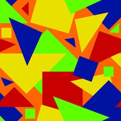 Seamless vector pattern with geometrical shapes on oranges background. Colourful fun kids wallpaper design with squares and triangles.