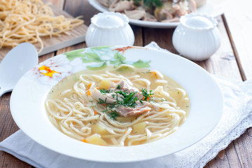 Homemade chicken soup with homemade egg noodles, horizontal