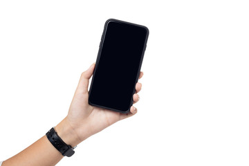 Hand young woman holding mobile smartphone with blank screen isolated on white background with clipping path