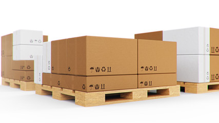 Cardboard boxes on wooden pallets isolated on a white background. Cardboard boxes for the delivery of goods. Packages delivery, parcels transportation system concept, 3D illustration