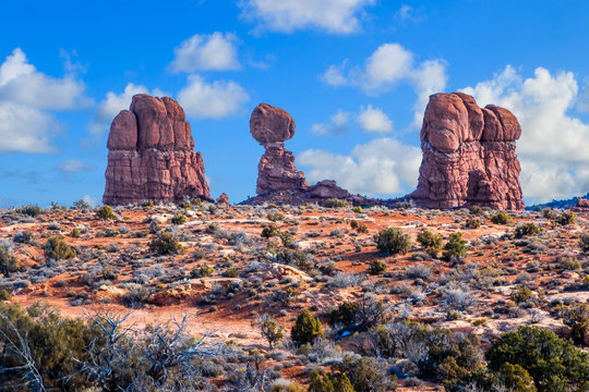 View on Balanced Rock in the Arches National Park in Utah in winter