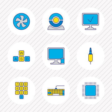 Vector Illustration Of 9 Computer Icons Colored Line. Editable Set Of Fan, Cpu, Web Cam And Other Icon Elements.