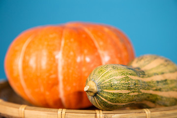 Ripe pumpkin and a Squash in blue background