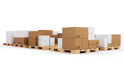 Cardboard boxes on wooden pallets isolated on a white background. Cardboard boxes for the delivery of goods. Packages delivery, parcels transportation system concept, 3D illustration