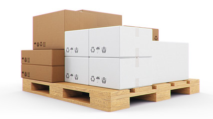 3D illustration cardboard boxes on wooden pallets isolated on a white background. Cardboard boxes for the delivery of goods. Packages delivery, parcels transportation system concept.