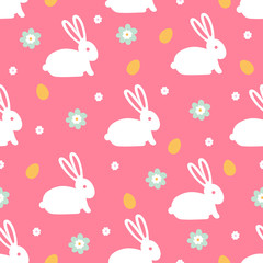 Easter seamless pattern with rabbit, flowers, eggs on pink background