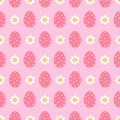 Easter seamless pattern with dotted eggs, flowers on pink background