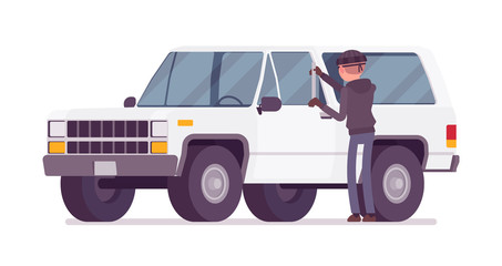 Obraz premium Motor vehicle theft. Masked man committing criminal act of stealing or attempting to steal a car, smart thief unlocking auto with a steel scale. Vector flat style cartoon illustration