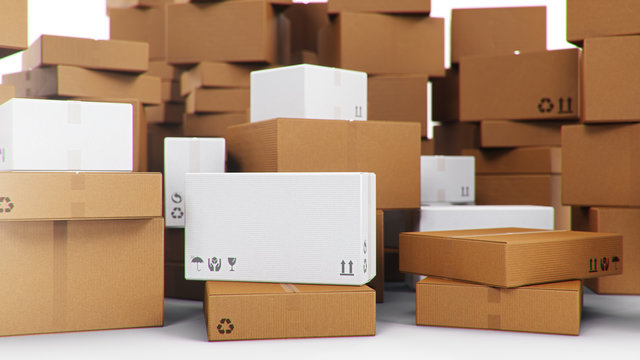 Pile, heap of cardboard boxes isolated on a white background. Cardboard boxes for the delivery of goods. Packages delivery, parcels transportation system concept, 3D illustration