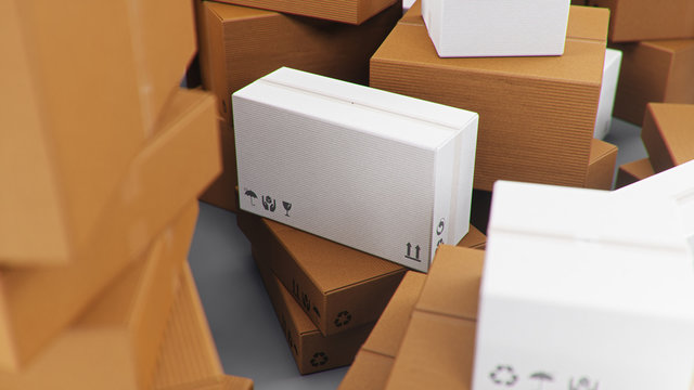Pile, heap of cardboard boxes isolated on a white background. Cardboard boxes for the delivery of goods. Packages delivery, parcels transportation system concept, 3D illustration