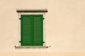 Close-up of a window with closed green wooden shutters with spike steel sticks to prevent birds from stopping, especially pigeons, residential building in Trentino, Italy, Europe