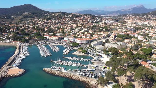 Carqueiranne aerial shot harbor marina var department mountains in background France french riviera