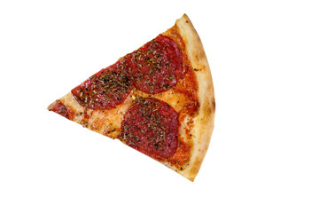 Slice of pizza with sausage and cheese isolated on white background