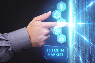 Business, Technology, Internet and network concept. Young businessman working on a virtual screen of the future and sees the inscription: