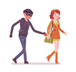 Purse snatcher, thief grabbing a money card from handbag. Masked man steals from a girl bag, bandit street pickpocket, woman robbed by a male cunning burglar. Vector flat style cartoon illustration