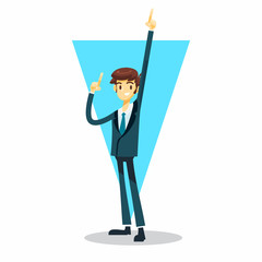 businessman cartoon character with point finger to the top pose