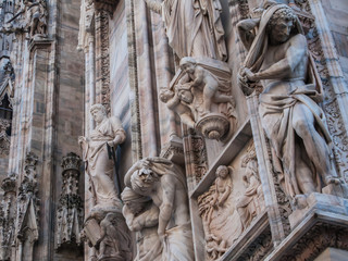 close-up marble sculptures on the walls of Duomo di Milano, Milan, Lombardy, Italy