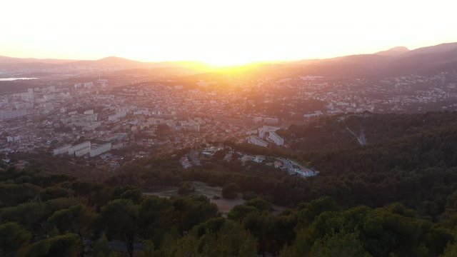 Sunset from Mount Faron Toulon aerial shot pine trees forest France french riviera 