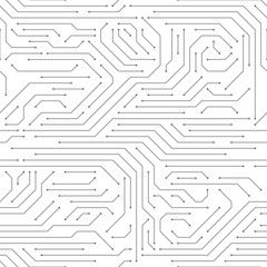 Circuit board seamless. High-tech technology electronic system pattern, digital network scheme monochrome printed wallpaper vector texture