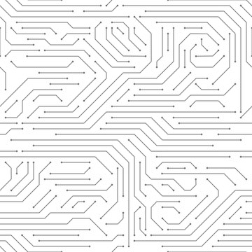 Circuit board seamless. High-tech technology electronic system pattern, digital network scheme monochrome printed wallpaper vector texture