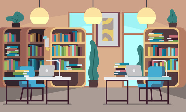 Library. Public reading room with bookcase, bookshelves, wooden desks, chairs and computers, college education, modern bookshop vector interior