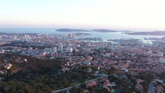 Aerial view from mount faron Toulon city mediterranean sea french naval base sunset 