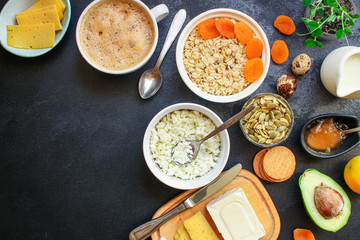 breakfast (oatmeal porridge, dairy products and more, snack) menu concept background. top view. copy space for text