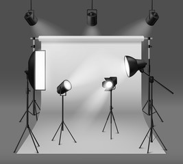 Studio spotlights. Realistic photo studio with professionals equipment, floodlight, cyclorama and tripod, soft box light and camera, vector set