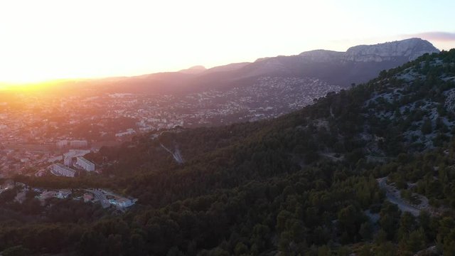 Sainte-Baume natural regional park Toulon aerial shot during sunset mediterranean coast 