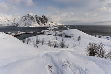 Fototapeta na wymiar Top view of Lofoten fishing village in winter season, Norway, Scandinavia