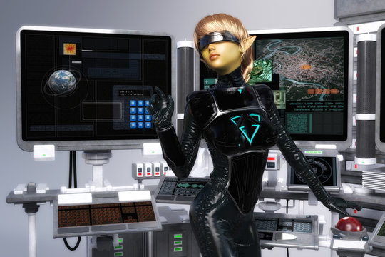 Artistic 3D illustration of a science-fiction female