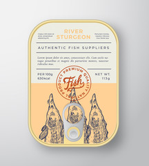 Canned River Fish Abstract Vector Aluminium Container Packaging Design or Label. Modern Typography Banner, Hand Drawn Sturgeon Silhouette with Lettering Logo. Color Paper Background Layout.