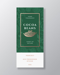 Cocoa Beans Home Fragrance Abstract Vector Label Template. Hand Drawn Sketch Flowers, Leaves Background and Retro Typography. Premium Room Perfume Packaging Design Layout. Realistic Mockup.
