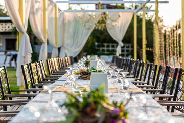 Wedding organization decoration with branches of greenery, stands on the green lawn in the wedding area