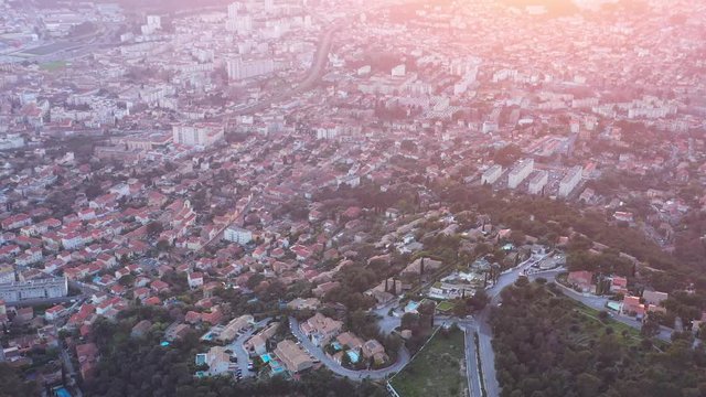 Sunset over Toulon residential area Faron aerial shot Var department France 