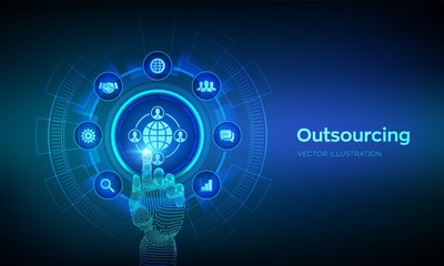 Outsourcing and HR. Social network and global recruitment. Global Recruitment Business and internet concept on virtual screen. Robotic hand touching digital interface. Vector illustration.