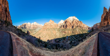 Panoramic picture from Zion Scenic drive viewpoint in winter